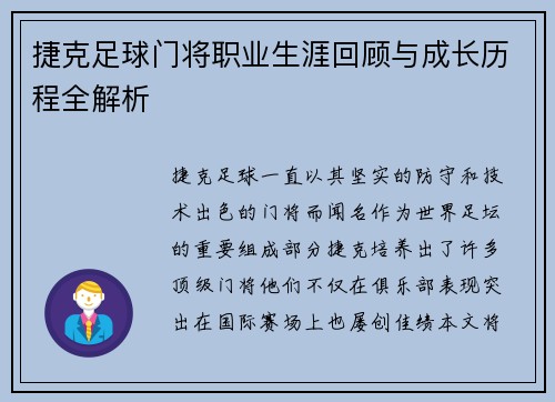 捷克足球门将职业生涯回顾与成长历程全解析